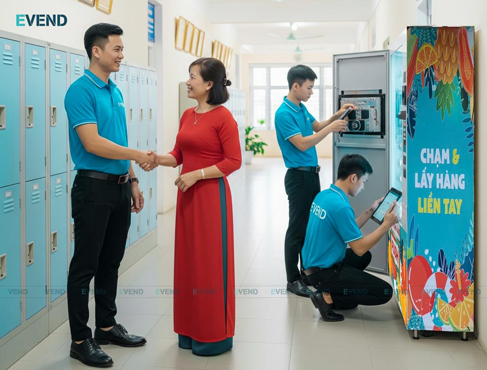 Máy bán hàng tự động EVEND hợp tác chia sẻ doanh thu tối ưu chi phí cho trường học